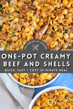 one - pot creamy beef and shell pasta in two bowls