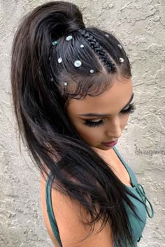 Prom Hairstyles With Rhinestones, Hairstyles With Rhinestones, Volume Ponytail, Hairstyle For Prom, Tan Skin Blonde Hair, High Ponytail Hairstyles, Cute Braided Hairstyles, Braided Ponytail Hairstyles, Glam Hair