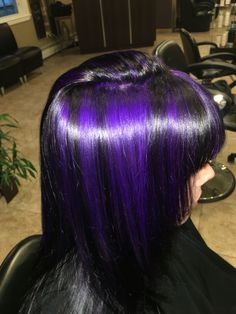 Black And Purple Streaks Hair, Purple Hair Streaks Black Hair, Purple Hair By Hair Pattern, Streaks Of Purple In Hair, Short Hair With Purple Streaks, Mixed Purple Hair, Black Hair With Colored Streaks, Y2k Purple Hair