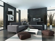 a living room filled with lots of furniture next to large windows and floor to ceiling windows