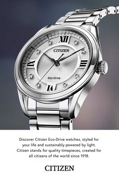 Since 1918, Citizen has stood for quality timepieces, created for all citizens of the world. Silver Timeless Diamond Watch With Analog Display, Timeless White Gold Watch With Analog Display, Timeless White Gold Analog Watch, Elegant Silver Diamond Watch With Analog Display, Elegant Watches With Analog Display, Classic Silver Watch With Timeless Design, Classic Stainless Steel Watch With Polished Finish, Elegant Stainless Steel Automatic Watches, Classic Stainless Steel Watches With Polished Finish