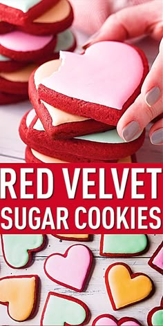 red velvet sugar cookies are stacked on top of each other, with hearts in the background