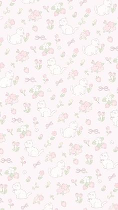 pink and green floral wallpaper with small white animals on the left side of it