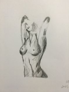 a pencil drawing of a woman's torso with her hands in the air,