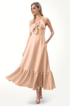 Alysha Blush Pink Bow-Tie Midi Dress brings you a formal style with a cute bow on the front, accompanying you from a formal evening event to an elegant dinner or a wedding reception. Cut from a soft stretch satin fabric, it is cute for any occasion. Chic Midi Bridesmaid Dress, Chic Formal Bridesmaid Dress Midi Length, Chic Midi-length Bridesmaid Dress, Feminine Evening Maxi Dress With Tie Back, Feminine Tie-back Maxi Dress For Evening, Feminine Tie Back Maxi Dress For Evening, Chic Tie-back Maxi Dress For Prom, Wedding Dress With Sweetheart Neckline And Bow, Spring Prom Dress With Satin Bow