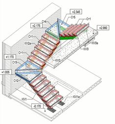 an architectural drawing of a staircase in the shape of a building with red and green sections