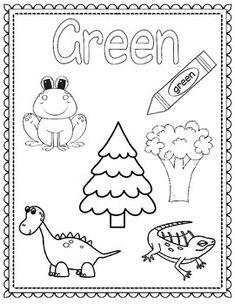 a coloring book with the words green and pictures of animals, trees, and plants