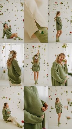 a collage of photos shows a woman in green clothing and flowers on the wall