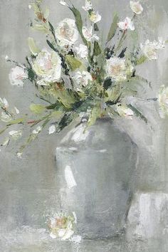 an oil painting of white flowers in a vase on a gray tablecloth with grey background