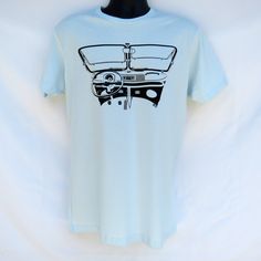 New Item! Volkswagen Bus Dashboard T-shirt, Pale Blue Light Blue Graphic Print T-shirt, Light Blue Graphic Tee With Graphic Print, Light Blue Crew Neck T-shirt With Screen Print, Light Blue Graphic T-shirt, Light Blue Cotton T-shirt With Graphic Print, Light Blue Graphic Print T-shirt With Relaxed Fit, Blue Tri-blend T-shirt With Screen Print, Blue Retro T-shirt With Front Print, Retro Blue T-shirt With Front Print