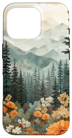 a phone case with flowers and mountains in the background