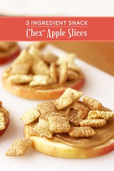 three apple slices covered in peanut butter and crackers on top of an apple with the words, 3 ingredient snack chex - apple slices