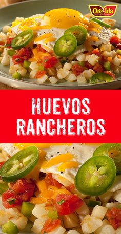 two pictures of mexican food with the words huevos rancheros on them