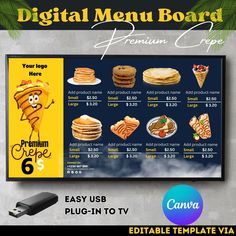 the digital menu board is displayed with an image of pancakes and other foods on it