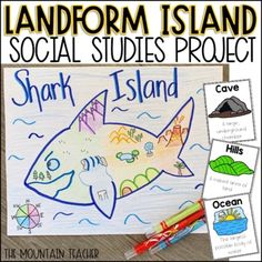 the landform island social studies project is shown with two pictures of sharks and other animals