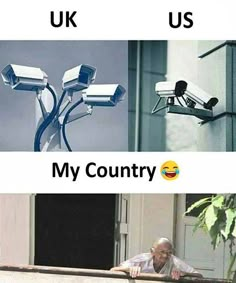 two pictures with the words usa and asia on them, one has security cameras attached to it