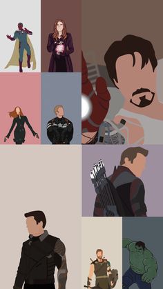 the avengers are all different colors and characters in their respective pictures, but they have no names