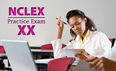 two women sitting at desks in front of laptop computers with the words nclex practice exam xiii