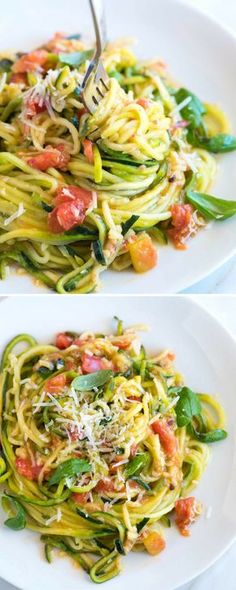 two plates filled with pasta and vegetables on top of each other, one has a fork in it