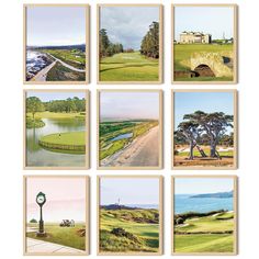 nine photographs of golf scenes in different frames