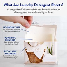 the contents of a laundry detergent sheets in a box with instructions on how to use it