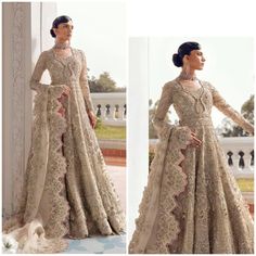 A luxurious bridal couture collection for the modern bride. With gorgeous, intricate designs, this timeless collection is perfect for your special day. Latest Pakistani Wedding Dresses Wedding Collection New Arrival Light Gold Lehenga Maxi Dress Fabric Details: Hand Embellished Yoke Front (Net) Embroidered Yoke Back (Net) Hand Embellished Front Panels 1 (Net) Hand Embellished Front Panels 2 (Net) Embroidered Back Panels 1 (Net) Embroidered Back Panels 2 (Net) Hand Embellished Sleeves (Net) Embro Elegant Semi-stitched Wedding Dress With Traditional Drape, Beige Wedding Dress With Intricate Embroidery, Luxury Gold Wedding Gown, Beige Semi-stitched Gown For Reception, Beige Wedding Dress With Zari Work, Traditional Drape Gown With Dabka Work For Ceremony, Gold Floor-length Wedding Dress With Dabka Work, Ceremony Gown With Dabka Work In Traditional Drape, Semi-stitched Wedding Dress With Dabka Work