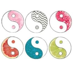 six buttons with different designs on them in the shape of yin - yangs,