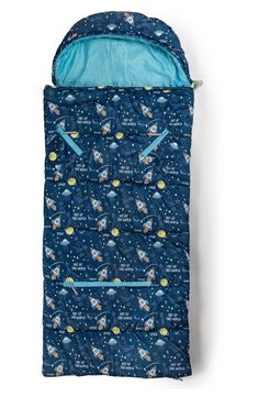 a sleeping bag with an outer space theme on the front and bottom, in blue