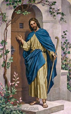 an image of jesus standing in front of a door