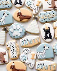 Birthday Dog Cookies, Lets Pawty Second Birthday, Dog Themed Cookies Royal Icing, Dog Birthday Cookies Decorated, Two Let The Dogs Out Cake, Dog Themed Birthday Cookies, Dog Party Cookies, Puppy Party Cookies