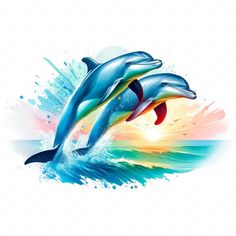 two dolphins jumping out of the water with splashing paint on their backs and feet