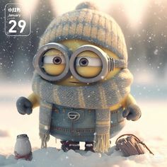 a minion is standing in the snow