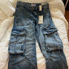 Size 2, Medium Blue Darker Than The Online Photos Baggy Jeans With Lots Of Pockets, Faded Baggy Cargo Jeans, Baggy Washed Faded Cargo Jeans, Baggy Mid-rise Denim Blue Cargo Jeans, Faded Baggy Denim Cargo Jeans, Vintage Blue Baggy Cargo Jeans, Custom Jeans, Zara Jeans, Cargo Jeans