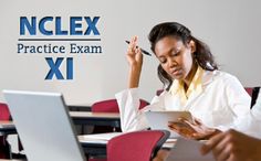 two women sitting at desks in front of laptop computers with the words nclex practice exam xiii