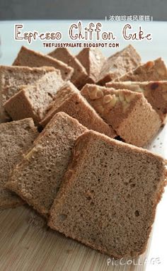 several slices of brown bread on a cutting board with the words expresso chiffon cake