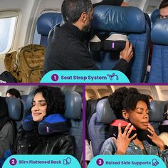 four images show how to use the seat strap system on an airplane