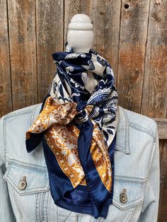 "Our classic wild rag/scarf trimmed in blue and white with a two-toned paisley pattern. It is a square and measures 35\" x 35\". It is sure to add a bright pop of color to any outfit. Western or Crystal slides available to accent 100% machine washable polyester, silky and soft. Custom upgrades available upon request. Message us today to learn more!" Casual Blue Bandana, Casual Blue Scarves With Bandana Print, Blue Casual Bandana Print Scarf, Casual Blue Bandana Print Scarf, Elegant Blue Scarf With Bandana Print, Elegant Blue Bandana, Outfit Western, Bright Pop, Western Apparel