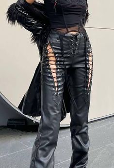 Leather Pants Lace Up, Cool Leather Pants, Leather Aesthetic Outfit, 80s Leather Pants, Leather Lace Up Pants, Lace Up Leather Pants, Leather Pants Style, Lace Up Jeans, Red Leather Pants