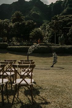 chairs are set up in the middle of a field with trees and mountains in the background