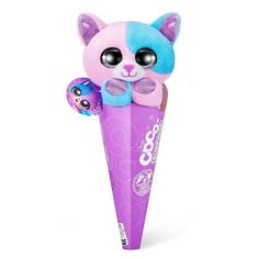 a pink and blue cat in a purple tube with an eye patch on it's head