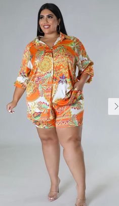 This tropical print set is giving vacation summer vibes! It features a button down top that can be tied in the front or tucked into the short. The top also has long sleeves that can be rolled up as there is a button to secure into a shorter sleeve. The shorts have an elastic waist. 95% Polyester 5% Spandex Resort Swimwear, 2 Piece Short Set, Plus Size Models, Plus Size Summer, Satin Top, African Design, Short Set, Tropical Print, High Waisted Shorts