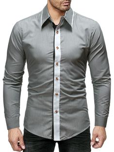 Contrast Color Long Sleeve Slim Fit Shirt - Gray - 3F80311810 - Men's Clothing, Men's Tops & T-Shirts, Men's Shirts  #MensShirts #Men's #Clothing # #Men's #Tops #& #TShirts # #Men's #Shirts Block Button, Silky Shirt, Long Sleeve Fitted Dress, Cheap Mens Fashion, T Shirts Men, Mens Clothes, Slim Fit Shirt, Men's Shirts, Long Sleeve Shirt Dress