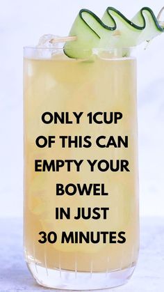 a glass filled with some type of drink that says only icup off this can empty your bowl in just 30 minutes