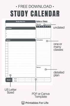 the free printable study calendar is shown in black and white, with instructions to help students