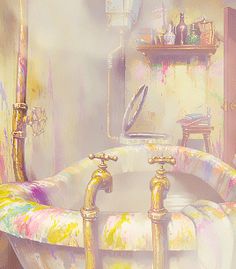 a painting of a bathtub in a bathroom with gold fixtures and colorful paint splatters on the walls