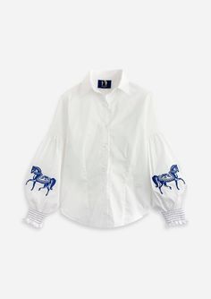 Annie Shirt Embroidered | White & Blue - Rönner White Tops With Embroidered Cuffs For Workwear, Embroidery Top Designs, Elegant Catering, Modern Equestrian, Horse Embroidery, Summer Sleepwear, Embroidered Shirts, Embroidery Tshirt, Velvet Loafers