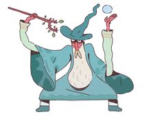 a cartoon character sitting on top of a blue couch holding a wand and blowing bubbles