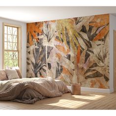 a bed sitting under a window next to a painting on the wall in a bedroom