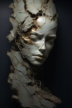 a woman's head with branches growing out of it, and her face partially covered in white paint