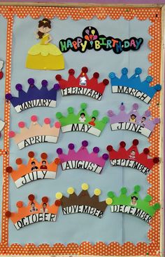 a birthday bulletin board with lots of magnets on it and princess crowns in the middle